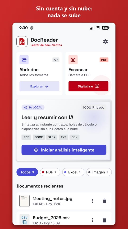 Pantalla de inicio con los documentos recientes