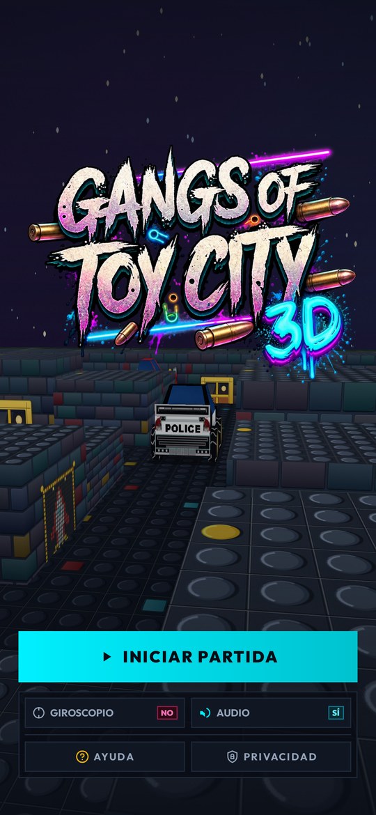 Menú principal de Gangs of Toy City 3D con el coche de policía en el laberinto