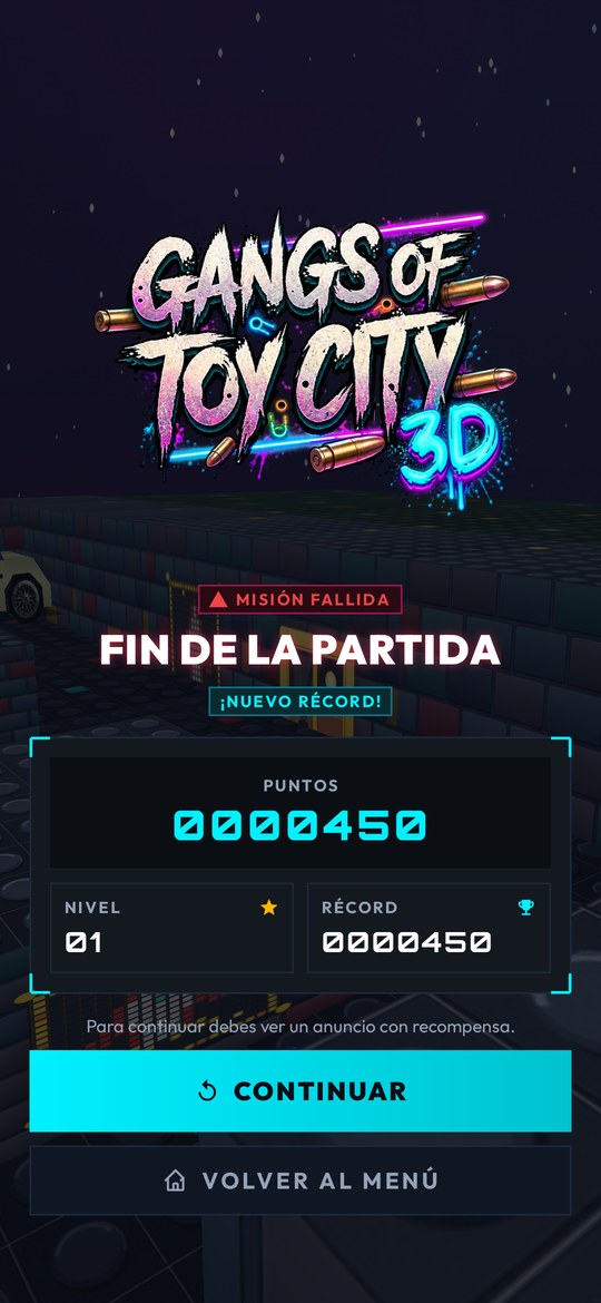 Pantalla de fin de partida con los puntos, el nivel y la opción de continuar viendo un anuncio