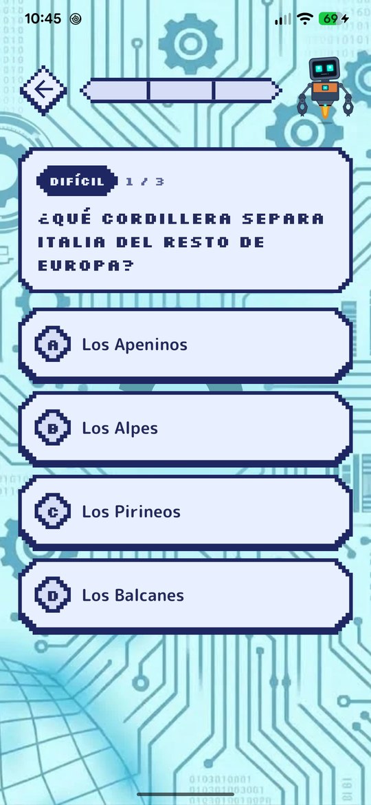 Pantalla de pregunta de Listingo con cuatro opciones y el nivel de dificultad