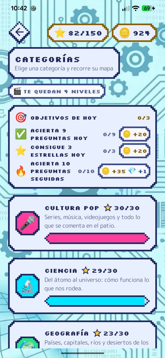 Lista de categorías con los objetivos del día y el progreso de cada una