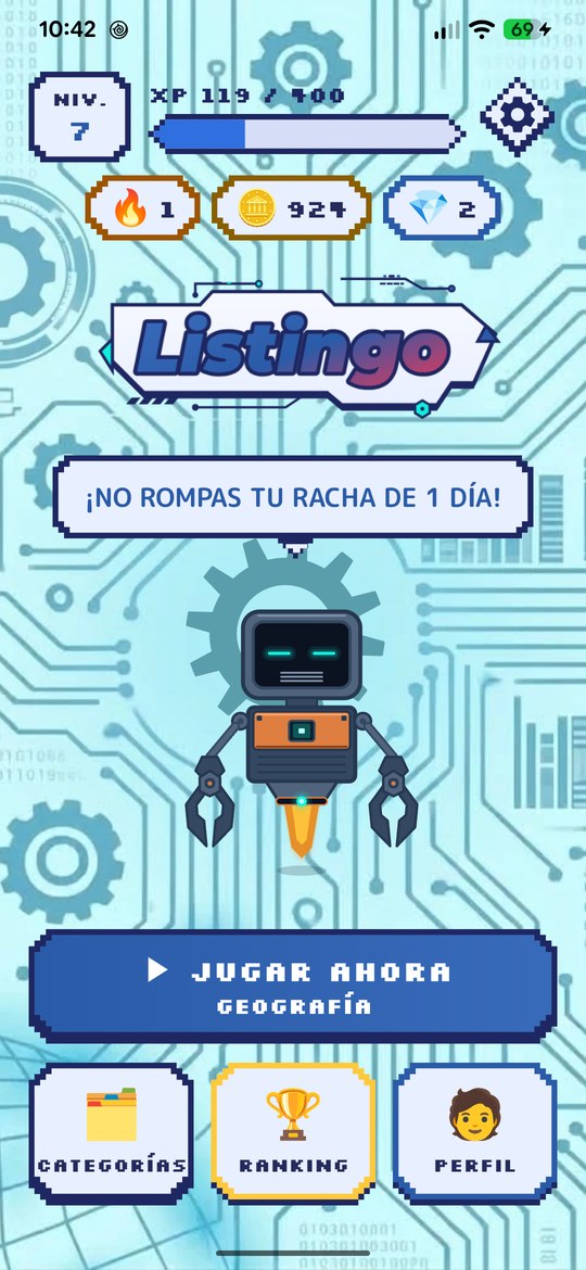 Pantalla de inicio de Listingo con la mascota y el progreso del jugador