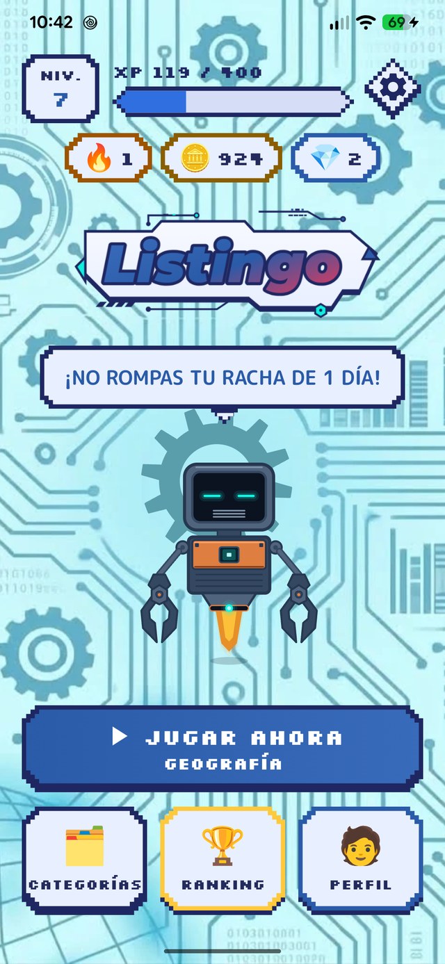 Pantalla de inicio de Listingo con la mascota y el botón Jugar ahora